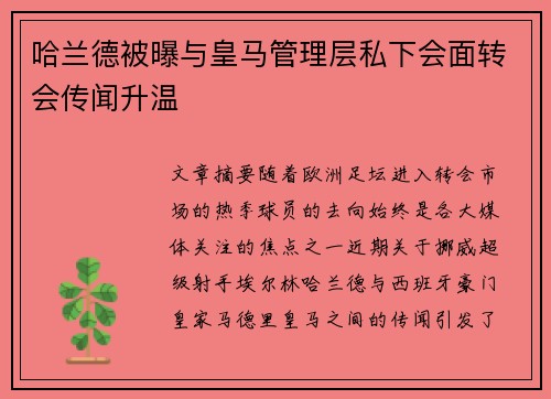 哈兰德被曝与皇马管理层私下会面转会传闻升温